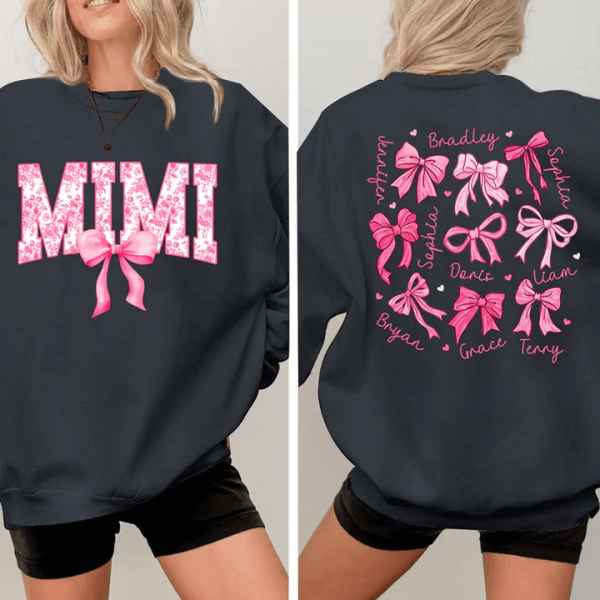 Mimi Pink Bow And Kids V2 Personalized Sweatshirt With Design On Sleeve Meaningful Gifts For Grandma Mom Wife Custom Sleeve NH96 3 1