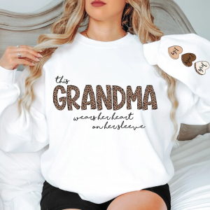 Personalized This Grandma Wears Her Heart on Her Sleeve Sweatshirt, Custom Kids Name on Sleeve, Mothers Day Gift, Gift for Grandma Sweatshirt