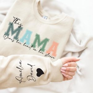 Personalized This Mama Wears Her Heart on Her Sleeve Sweatshirt, Custom Kids Name on Sleeve, Mothers Day Gift, Gift for Mom Sweatshirt, Mom Life