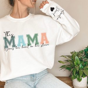 Personalized This Mama Wears Her Heart On Her Sleeve Hoodie Personalized Mom Sweatshirt With Kids Names Cute Momma Mothers Day Gifts 3