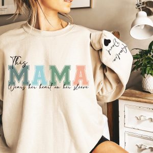 Personalized This Mama Wears Her Heart On Her Sleeve Hoodie Personalized Mom Sweatshirt With Kids Names Cute Momma Mothers Day Gifts 4