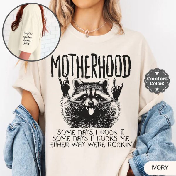 Raccoon Motherhood Comfort Colors ShirtMotherhood Some Day I Rock It ShirtRocker Mom ShirtMama Shirt With Kids NamesCustom Mothers Day 1 1