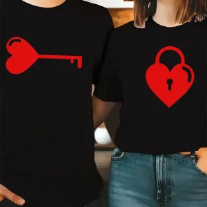 Couple Matching T-Shirt With Romantic Heart Key and Keychain Print Design, The Best Family Matching Gift