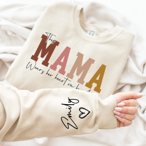 Personalized This Mama Wears Her Heart on Her Sleeve Sweatshirt, Custom Kids Name on Sleeve, Mothers Day Gift, Gift for Mom Sweatshirt, Mom Life
