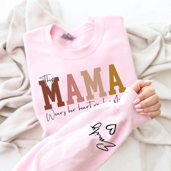 This Mama Wears Her Heart on Her Sleeve Sweatshirt Personalized Kids Name on Sleeve Mothers Day Gift Gift for Mom Sweatshirt Mom Life 2