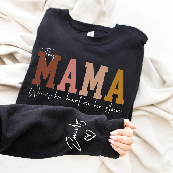 This Mama Wears Her Heart on Her Sleeve Sweatshirt Personalized Kids Name on Sleeve Mothers Day Gift Gift for Mom Sweatshirt Mom Life 3