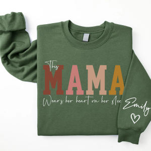 This Mama Wears Her Heart on Her Sleeve Sweatshirt Personalized Kids Name on Sleeve Mothers Day Gift Gift for Mom Sweatshirt Mom Life 4