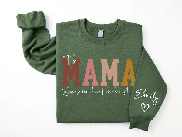 This Mama Wears Her Heart on Her Sleeve Sweatshirt Personalized Kids Name on Sleeve Mothers Day Gift Gift for Mom Sweatshirt Mom Life 4