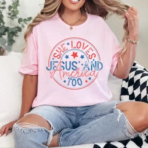 Faith & Freedom Tee – She Loves Jesus and America Too Shirt – Jesus Lover 4th of July T-shirt for Christian Women