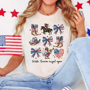 4th of July Coquette Bow T-Shirt – Preppy Patriotic American Flag Tee – Cute Independence Day Outfit for Women