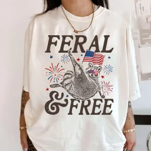 Feral And Free T-Shirt – Patriotic 4th of July Raccoon Tee, Independence Day Freedom Graphic, Fun Feral Raccoon Design