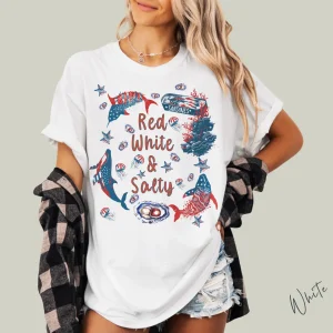 Funny July 4th T-Shirt – Red White and Salty Tee, Girl’s Summer, Coastal Independence Day Patriotic Celebration T-Shirt