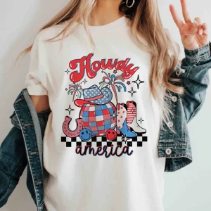 Howdy America T-Shirt – Western Cowgirl Cowboy Tee, 4th of July Patriotic Shirt, Independence Day Graphic, America Girls Casual Wear