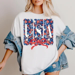 Floral USA Coquette Shirt – Preppy America 1776 Tee – Land of the Free 4th of July & Memorial Day Shirt