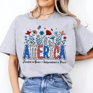 Floral America T-Shirt – Retro Brushstroke USA Patriotic 4th of July Girly Sublimation Design