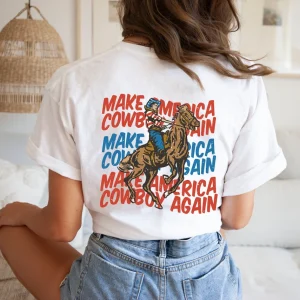 Make America Cowboy Again T-Shirt – Vintages Tee, Western 4th of July T-Shirt, Patriotic Country Shirt for Independence Day, USA Cowboy Graphic Tee