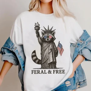 Funny “Feral and Free” Raccoon Shirt – American Feral Girl Summer Meme Tee – Patriotic 4th of July Independence Day Shirt