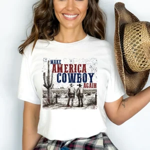 Make America Cowboy Again – Patriotic Western T-Shirt for 4th of July, Bucking Bronco Graphic Tee, Country USA Cowgirl Shirt, History Lover Gift Idea