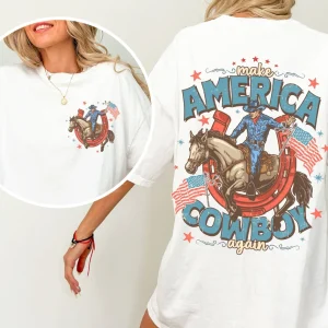 Make America Cowboy Again T-Shirt – Bucking Bronco Western Tee, Patriotic 4th of July Comfort Colors Shirt