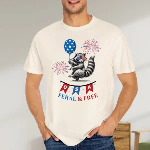 Funny Feral Raccoon 4th of July Shirt – Fireworks Meme Tee – Feral Girl Summer Patriotic T-Shirt