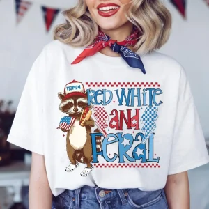 Funny Raccoon Shirt – Red White and Feral 4th of July Tee – USA Flag America Independence Day Shirt