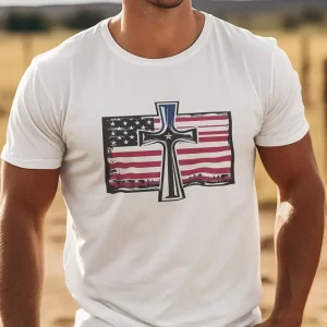 Men’s Patriotic Cross & American Flag T-Shirt –  Cotton Short Sleeve Tee – Christian USA Shirt for Summer