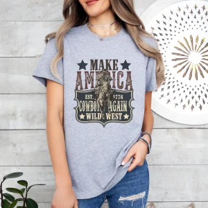 Make America Cowboy Again Western Rodeo T-Shirt – Patriotic 4th of July Cowboy Tee with Bucking Bronco Graphic