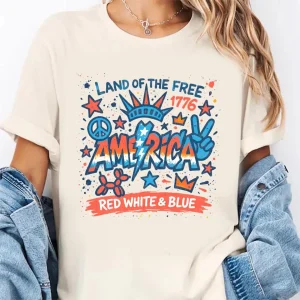 Land Of The Free Because Of The Brave T-Shirt – Preppy USA 1776 Tee, Red White Blue Daisy 4th of July