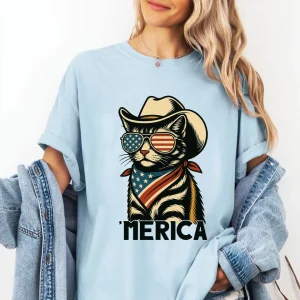 Patriotic Cowboy Cat Shirt – USA Flag 4th of July Tee, Western Independence Day Graphic, American Pride Comfort Colors T-Shirt