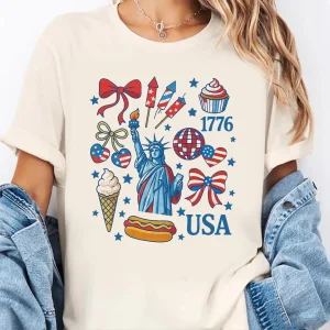 Make America Cowgirl Again T-Shirt – Retro America Bow Tee, 4th of July Coquette Style, Preppy Patriotic American Flag Shirt