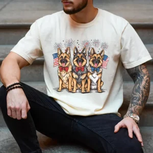 Patriotic Dog Trio 4th of July T-Shirt – American Flag Hat Dogs, Uncle Sam Dog, Independence Day Tee for Men