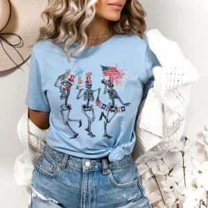 4th of July Dancing Skeleton Shirt – Skellies in Stars & Stripes – Patriotic Red, White & Blue Tee