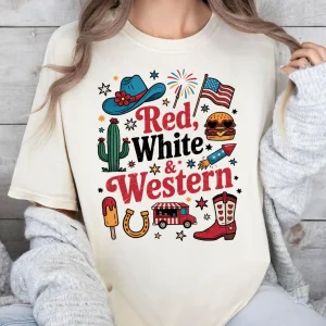 Red White And Western T-Shirt – 4th of July Cowboy Tee, Patriotic American Western T-Shirt, Independence Day USA Graphic Tee
