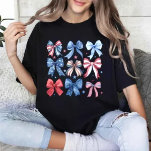 USA Bow T-Shirt – Coquette Patriotic Bow Tee, 4th of July & Memorial Day Shirt, Cute USA Election Day Graphic T-Shirt