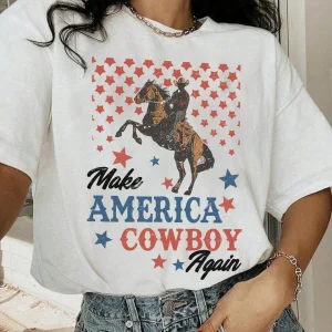 Western 4th of July T-Shirt – Make America Cowboy Again Patriotic Cowboy Tee, Country Western Shirt, Independence Day Graphic Shirt