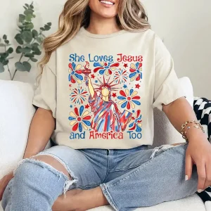 Christian Patriotic T-Shirt for Women – She Loves Jesus and America Too – Faith + Freedom Graphic Tee, 4th of July Outfit