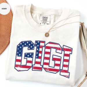 4Th July Coquette Gigi Flag Bow T-Shirt, Matching Family Tee, Patriotic Soft Girl Aesthetic Grandma Gift Fireworks Celebration USA Stars & Sass