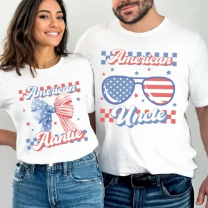 4th of July Auntie and Uncle Matching Shirts Custom Fourth of July Couple TShirt,4th of July Pregnancy Announcement Gift, American Family Tee