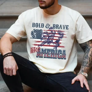 American Cowboy T-Shirt – Bold & Brave Like America, Vintage Western Rodeo Tee with USA Flag for 4th of July & Memorial Day