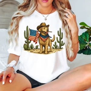 American Pride Pooch T-Shirt – 4th of July Cowboy Dog Tee with USA Flag, Fun Patriotic Pet-Inspired Design