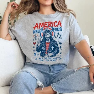America Needs Jesus, Retro Patriotic Christian T-Shirt, Jesus 4th of July USA Flag Tee