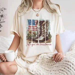 Just a Girl Who Loves America T-Shirt – Western Cowgirl Boots Graphic Tee with USA Flag, Patriotic Country Style Gift for Women