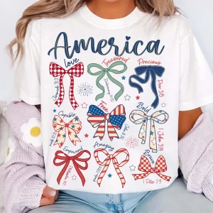 America Coquette Patriotic Shirt – Girly 4th of July & Memorial Day Tee – Bible Verse Independence Day T-Shirt