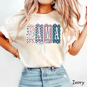American Mama USA T-Shirt, Mama 4th of July Tee, Fourth of July Shirt, Patriotic, Cute Bow Shirt, Red White and Blue
