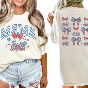 American Mama Tee, 4th of July Mom, Coquette Mama T-Shirt, Patriotic USA Mama T Shirt, Independence Day Tee, Bows Top, Gift for Mom