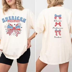 American Mama T-Shirt 4th of July, Coquette Mom T-Shirt, Personalized Mama Tee, USA Coquette Bow, Patriotic Mama Shirt Gift for Mom
