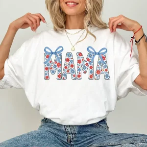 American Mama Tee, Coquette Mama America, Patriotic Mama T-Shirt, 4th of July Mama T-Shirt, 4th Of July Gift For Mama