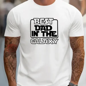 Best Dad In The Galaxy Printed, Men's Short Sleeved T-shirts, Fashion Comfortable Casual Tops For Summer & Spring Daily Wear