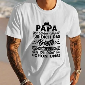 Best Papa Ever German Quote Men's T-Shirt - Casual Polyester Short Sleeve Crew Neck, Summer Top with Hat & Mustache Illustration, Machine Washable