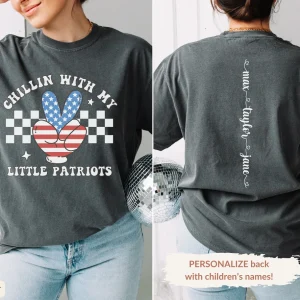 Chillin with my Little Patriots 4th of July T-Shirt, Custom 4th of July Shirt Mom, USA Flag Tee, Retro Flag Independence Day